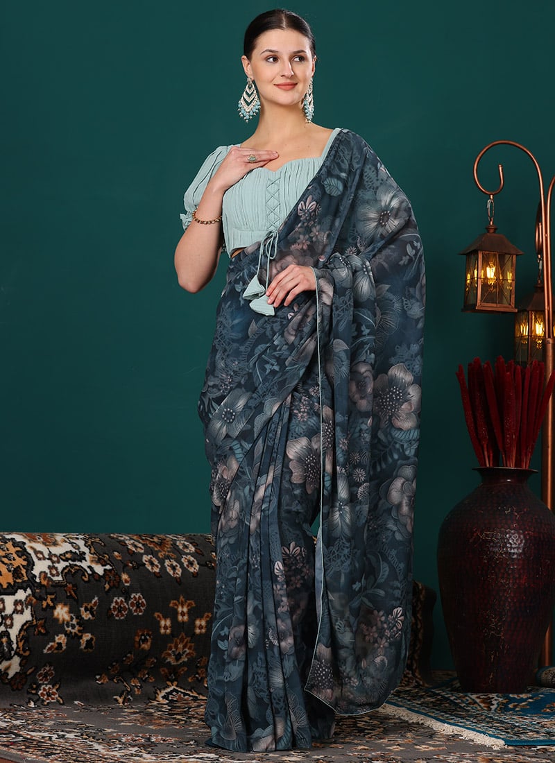 Green Digital Printed Georgette Saree Festive Wear