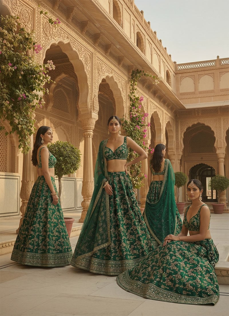 Green Dola Silk Jacquard Embroidered Sequins Umbrella Lehenga Wedding Wear