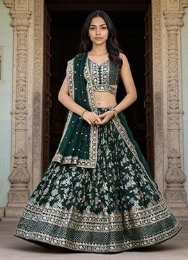 Green Dola Silk Jacquard Zari Embroidered Sequins Lehenga Wedding Wear