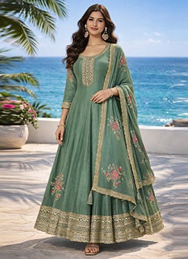 Green Dola Silk Zari Embroidered Sequins Anarkali Suit