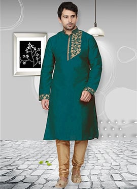Teal Green Dupion Silk Kurta Pyjama