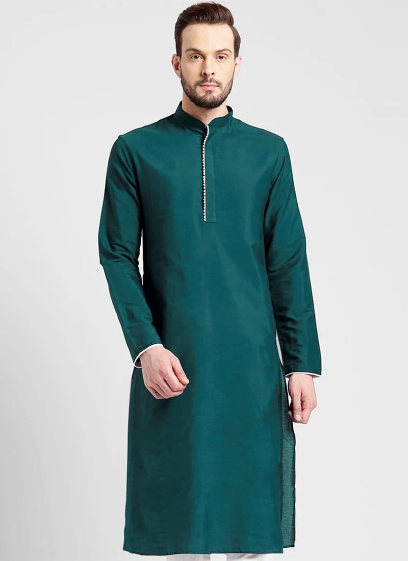 Green Dupion Silk Soild Plain Kurta