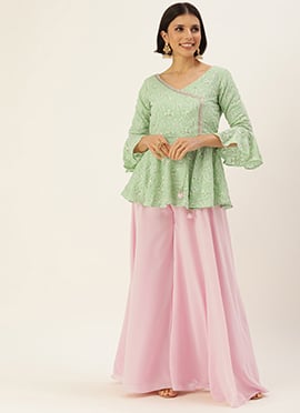 Green Embroidered Angrakha Blouse N Palazzo