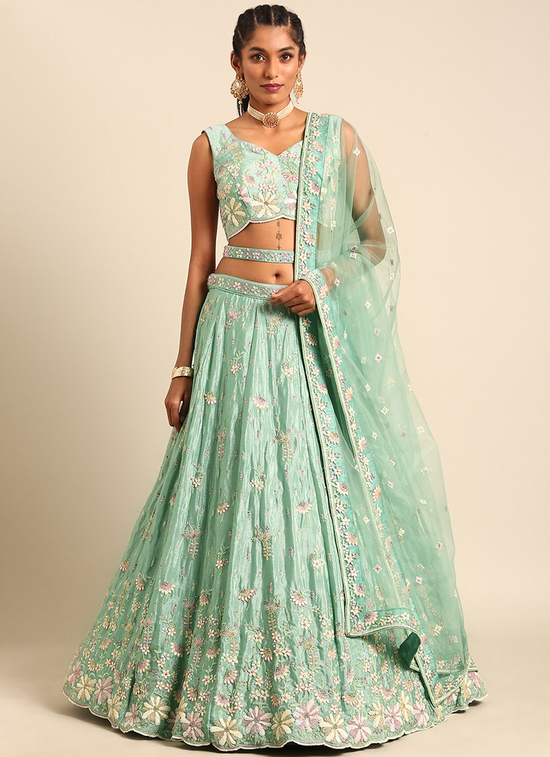Green Embroidered Faux Georgette Umbrella Lehenga Wedding Wear