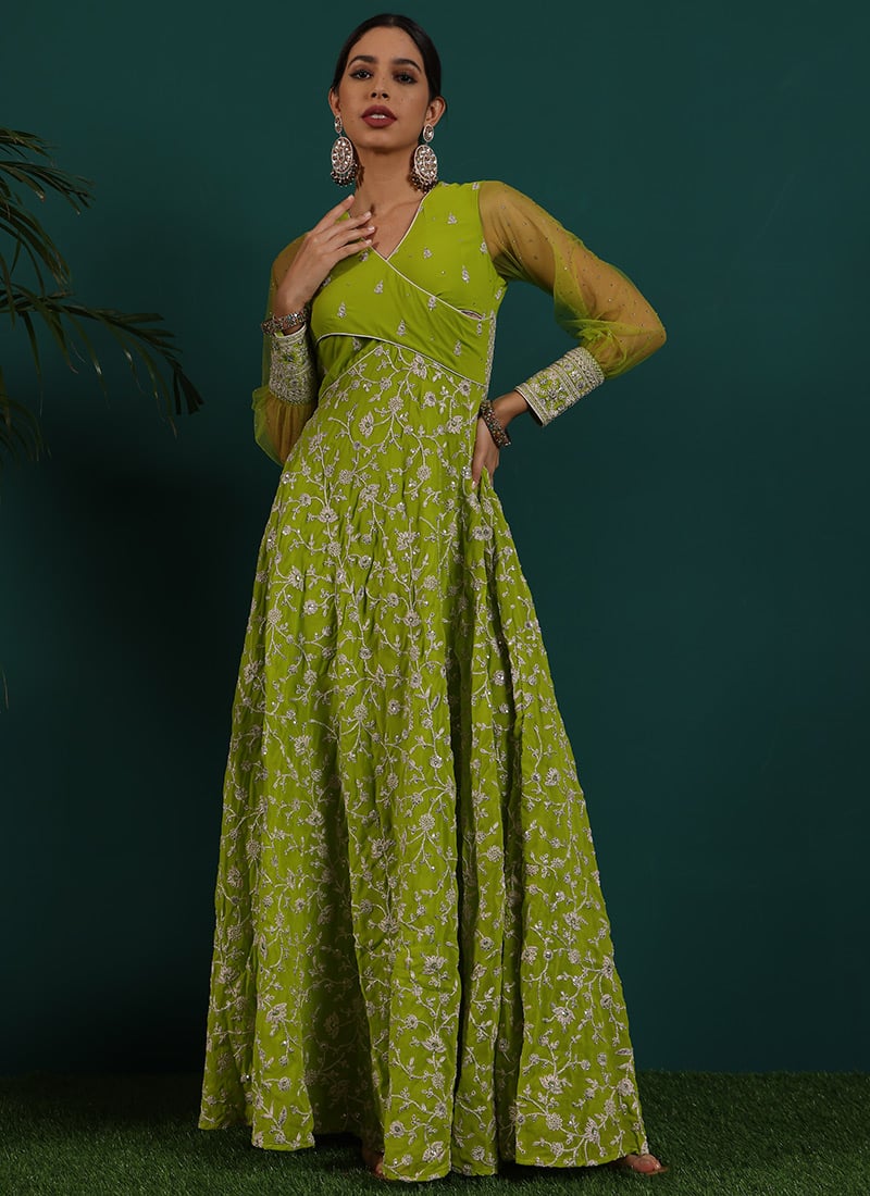 Green Embroidered Georgette Gown Wedding Wear