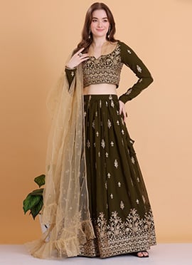 Green Embroidered Georgette Lehenga Set