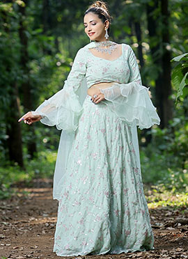 Green Embroidered Georgette Lehenga Set