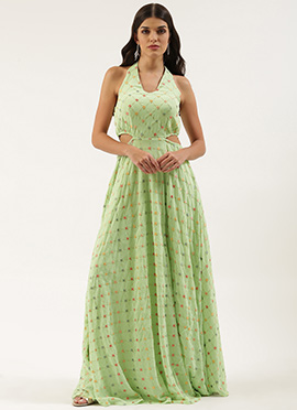 Teen Girls Green Embroidered Georgette Maxi Dress