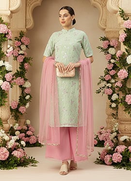 Green Embroidered Georgette N Pink Palazzo Suit