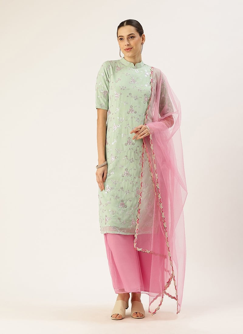 Green Embroidered Georgette N Pink Palazzo Suit