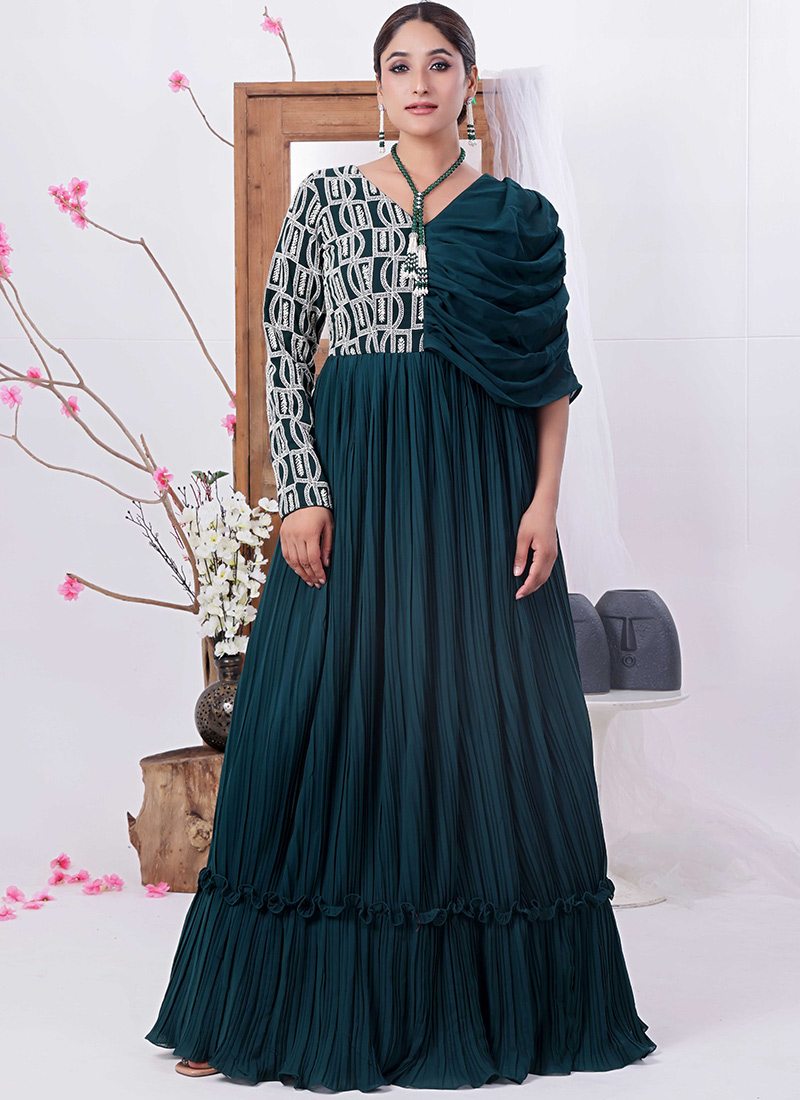Green Embroidered Georgette Pleated Gown