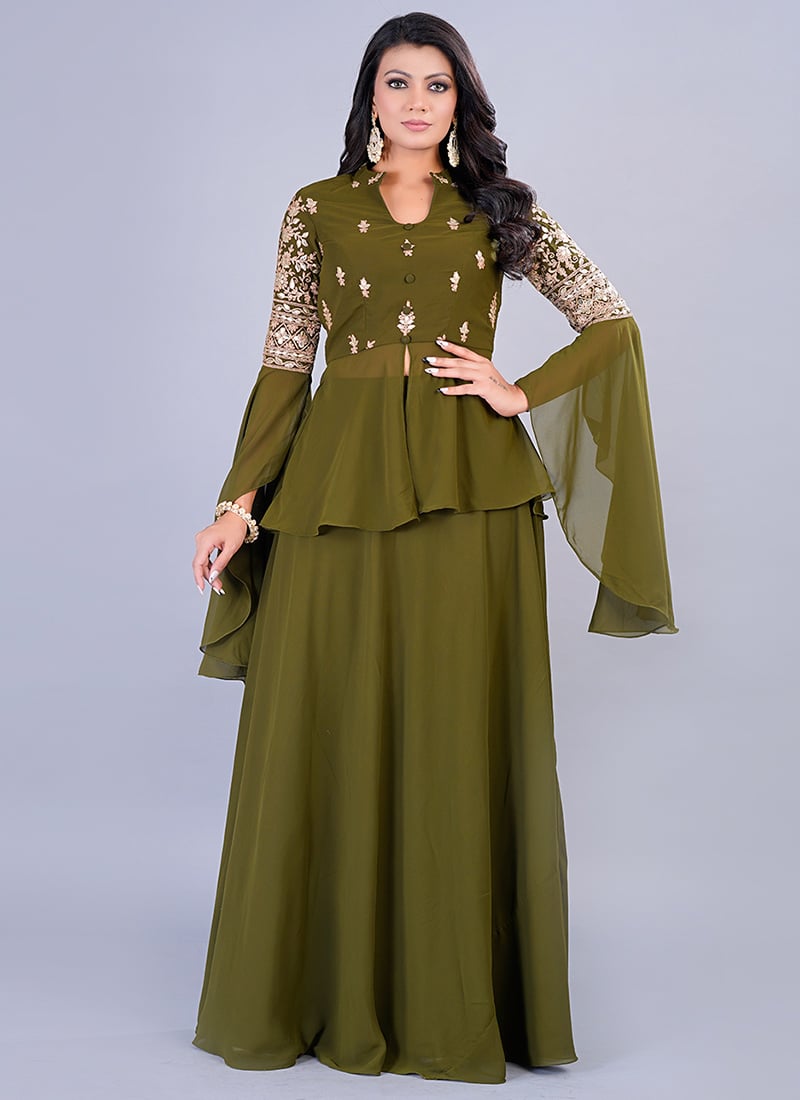 Green Embroidered Georgette Skirt Set Festive Wear