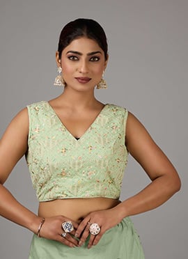 Green Embroidered Georgette V Neck Blouse