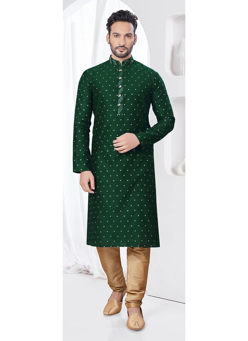 Green Embroidered Jacquard Print Silk Kurta Pyjama For Men Festive Wear