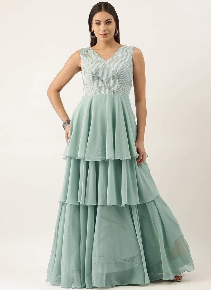 Green Embroidered Layered Gown Party Wear