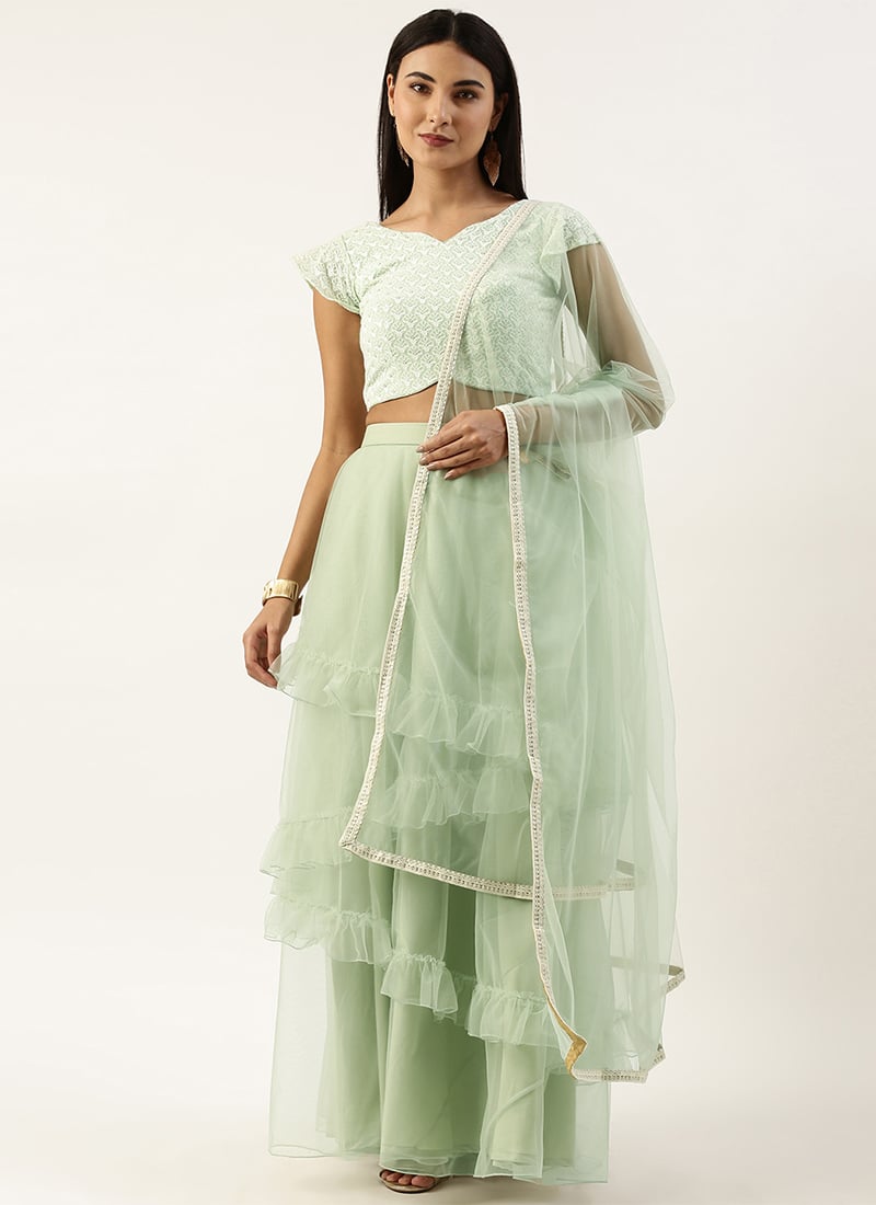 Teen Girls Green Embroidered N Net Asymmetrical Lehenga Set Festive Wear
