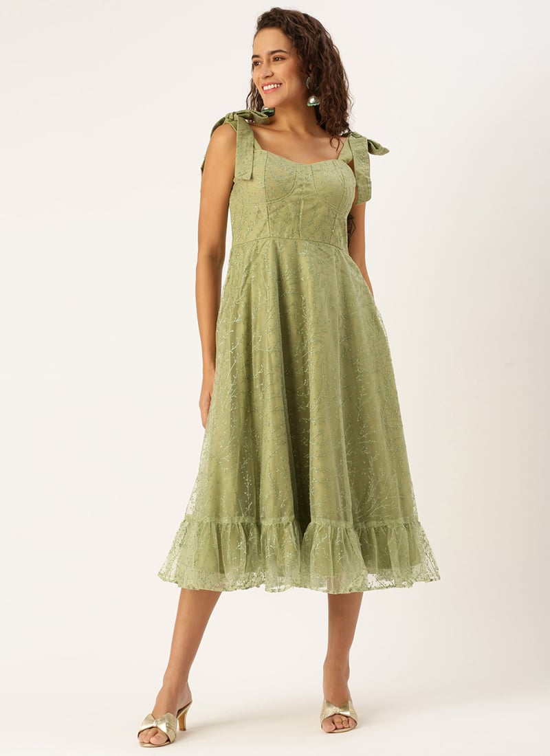 Green Embroidered Net Corset Style Dress Party Wear