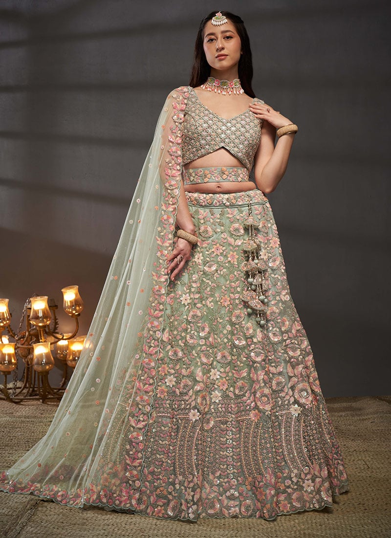 Green Embroidered Net Umbrella Lehenga Wedding Wear
