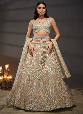 Green Embroidered Net Umbrella Lehenga