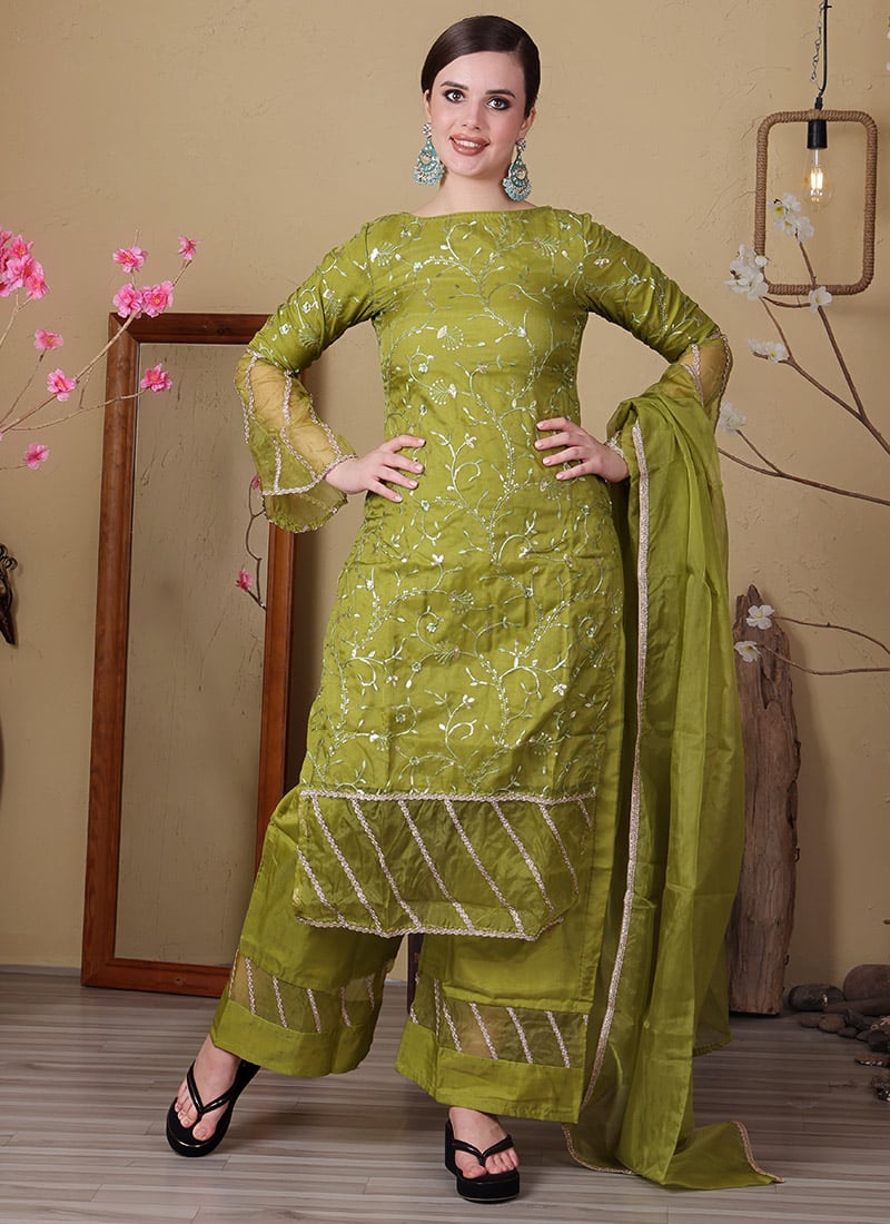 Green Embroidered Organza Wide Leg Pant Suit