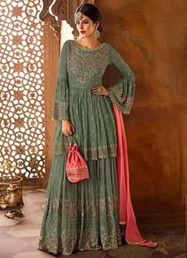 Green Embroidered Palazzo Suit