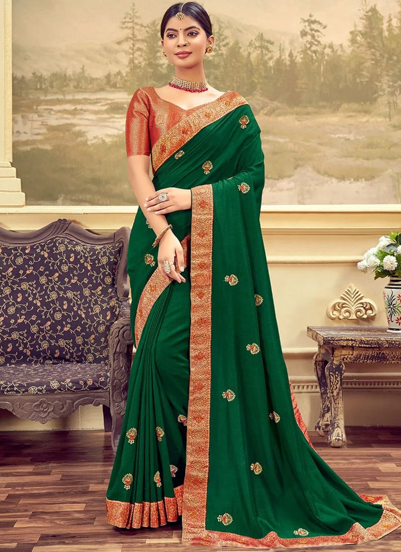 Green Embroidered Saree Party Wear