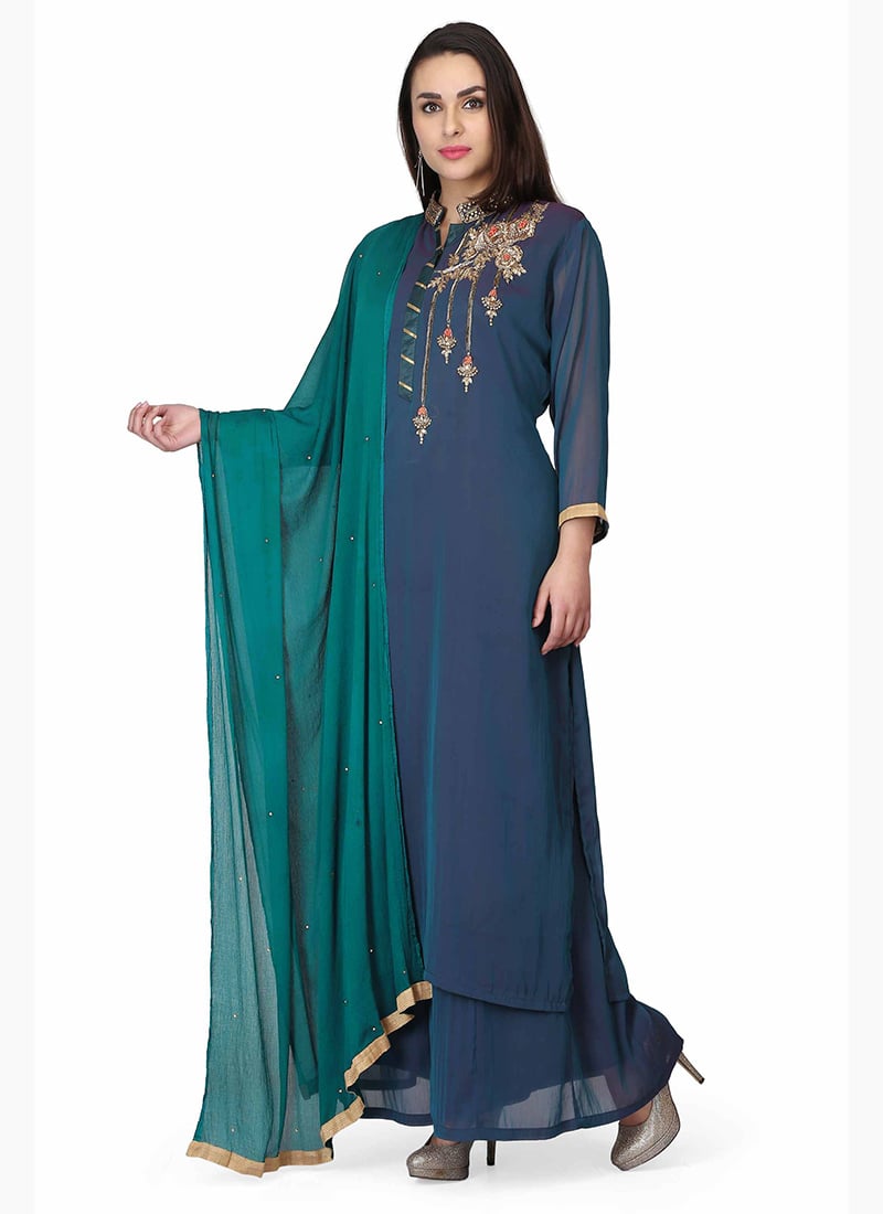 Green Faux Crepe Palazzo Suit Party Wear