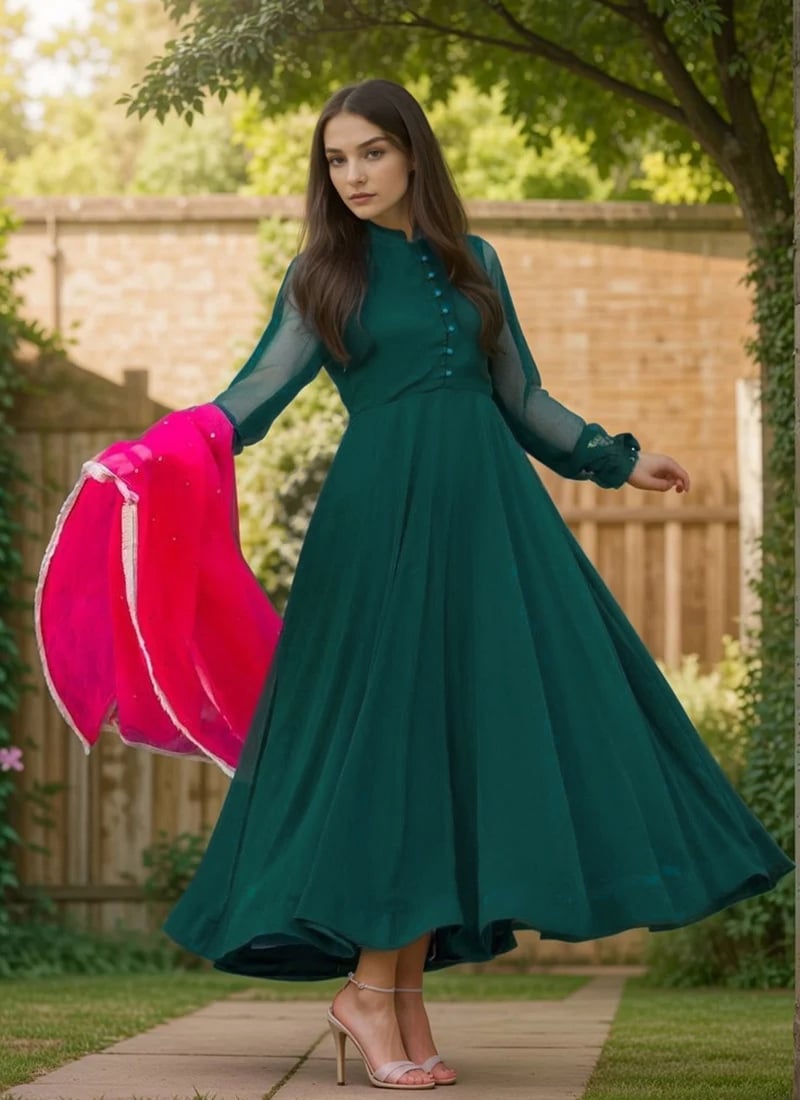 Green Faux Georgette Anarkali Suit Festive Wear