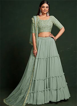 Green Georgette Beads Embroidered Umbrella Lehenga