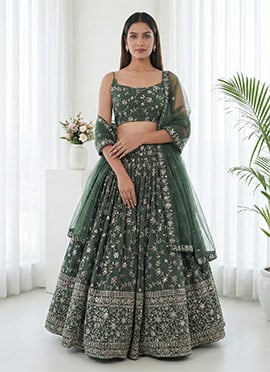 Green Faux Georgette Embroidered Sequins Lehenga