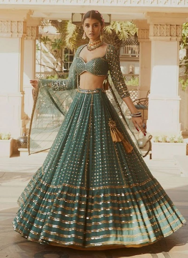 Green Faux Georgette Embroidered Umbrella Lehenga