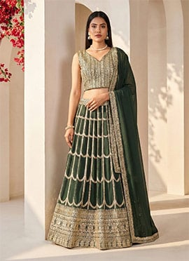 Green Georgette Lehenga With Choli And Dupatta Embroidered Sequins