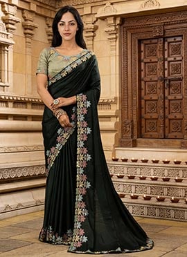 Green Faux Georgette Sequins Embroidered Saree