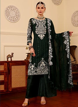 Green Faux Georgette Thread Work Bead Sequins Pakistani Suit