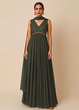 Green Faux Georgette Zardosi And Mirror Hand Embroidered Anarkali Suit