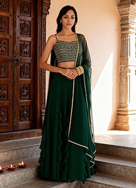 Green Faux Georgette Zari Embroidered Sequins Gorgeous Lehenga