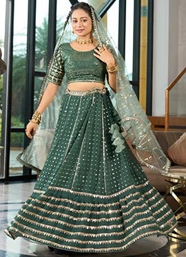 Green Faux Georgettte Sequins A Line Lehenga With Matching Choli And Dupatta