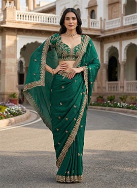 Green Fendy Satin Silk Zari Embroidered Sequins Saree