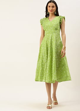 Teen Girls Green Foil Printed Knife Pleated Style Dress