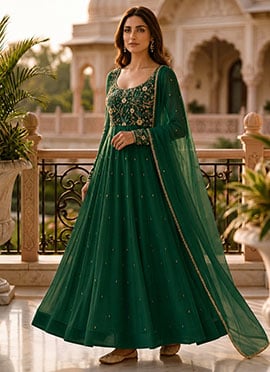 Green Georgette Beads Hand Work Sequins Embroidered Stunning Anarkali Suit