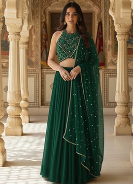 Green Georgette Beads Sequins Hand Embroidered Lehenga
