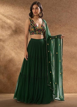 Green Georgette Beads Stone Sequins Hand Embroidered Lehenga