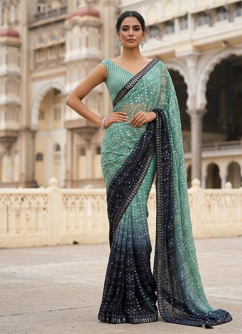 Green Georgette Embroidered And Sequins Saree Wedding Wear