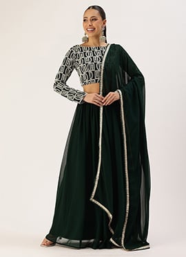 Green Georgette Embroidered Boat Neck Lehenga