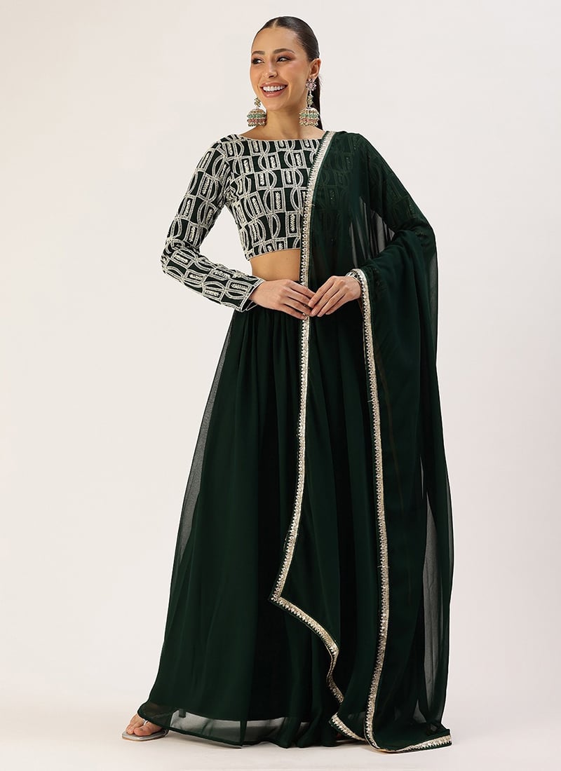 Green Georgette Embroidered Boat Neck Lehenga Festive Wear