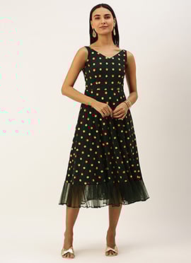 Teen Girls Green Georgette Embroidered Dress