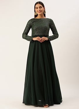 Green Georgette Embroidered Gown