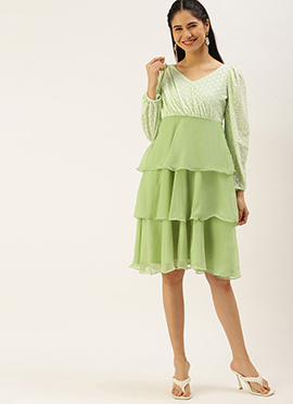 Teen Girls Green Georgette Embroidered Layered Dress