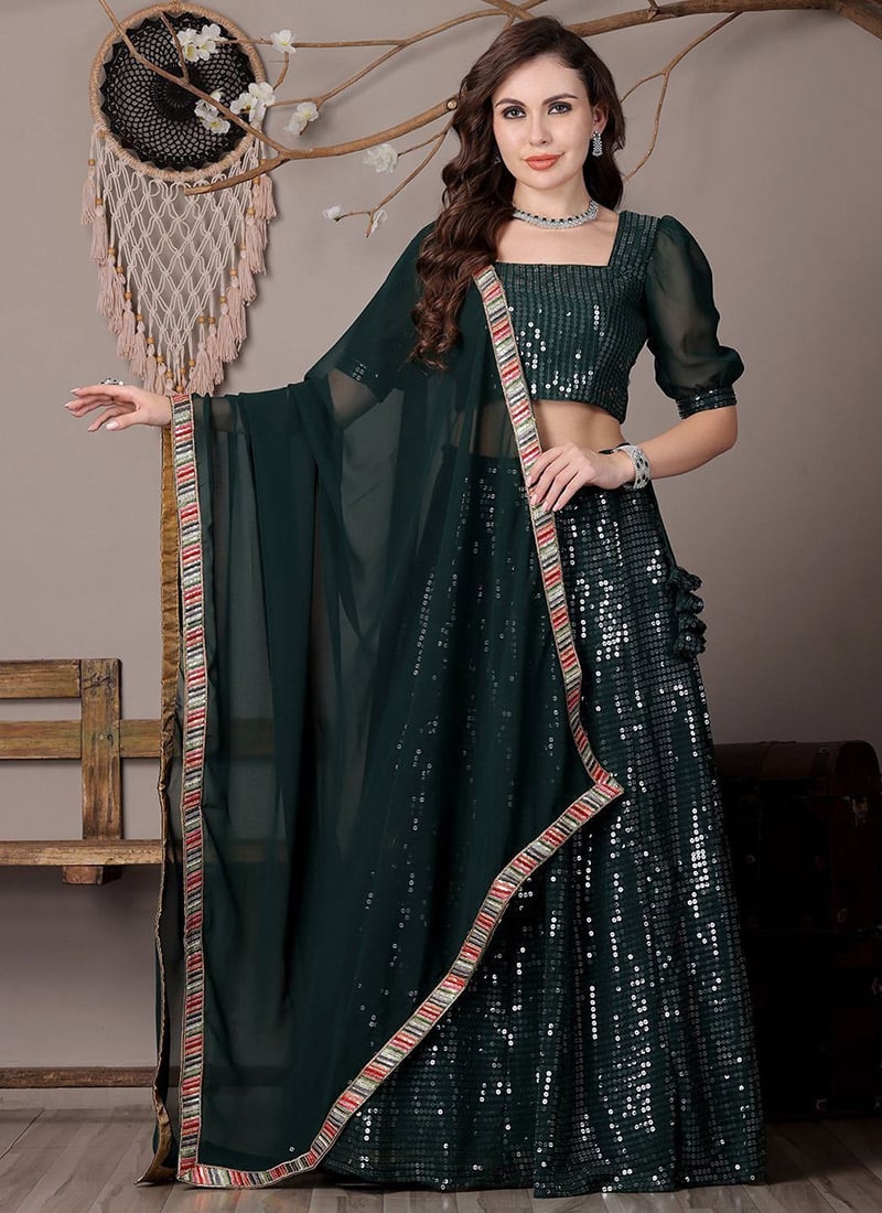 Green Georgette Embroidered Lehenga