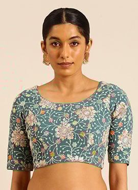 Green Georgette Embroidered Round Neck Blouse